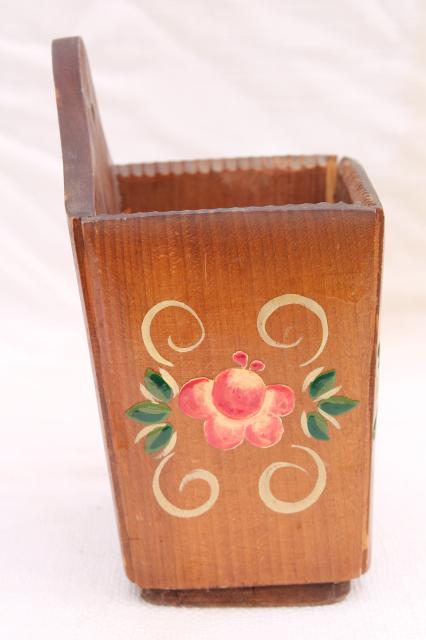 vintage Switzerland carved wood wall pocket box w/ hand painted folk art flowers