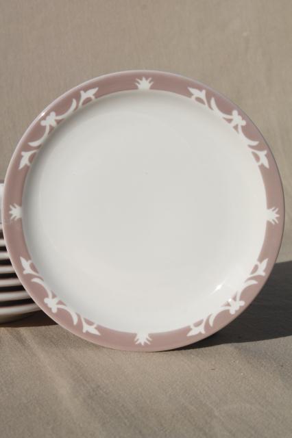 vintage Syracuse china heavy ironstone restaurantware plates, stencil border dove grey buff on white