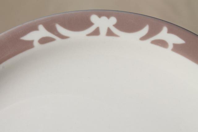 vintage Syracuse china heavy ironstone restaurantware plates, stencil border dove grey buff on white