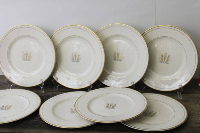vintage Syracuse old ivory china dinner plates, Governor Clinton plumes in grey  gold