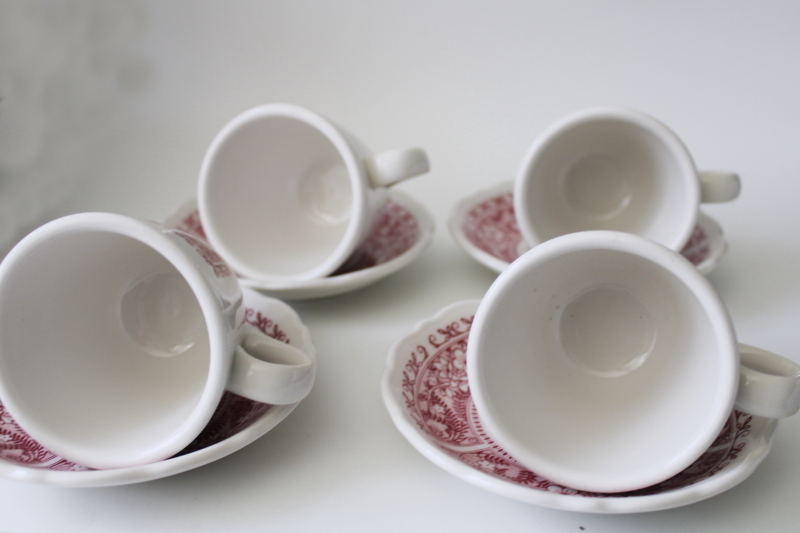 vintage Syracuse restaurant china, fern  flowers red transferware ironstone coffee mug cups  saucers