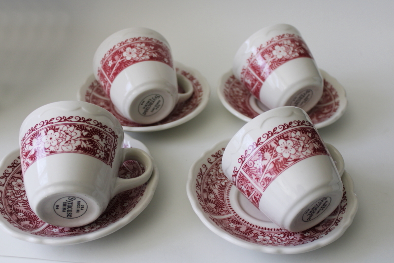 vintage Syracuse restaurant china, fern  flowers red transferware ironstone coffee mug cups  saucers