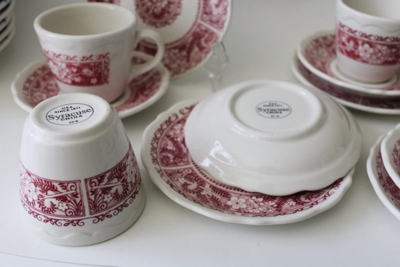 vintage Syracuse restaurant china, fern  flowers red transferware ironstone cups, saucers, plates