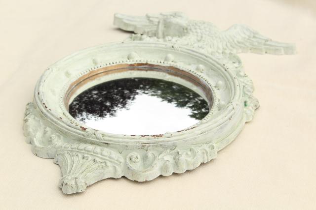 vintage Syroco Federal eagle frame w/ shabby white paint, bullseye bubble glass mirror