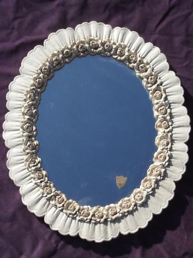 vintage Syroco Wood mirror and sconce wall shelves, carved roses and ribbons