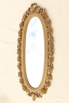 vintage Syroco gold plastic wall mirror, wreath of roses oval frame 