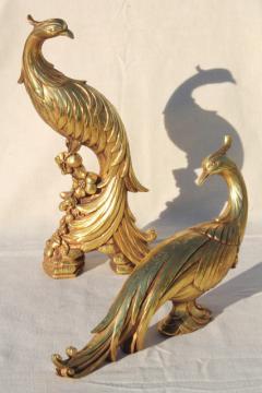 vintage Syroco gold statue figurines, pair of peacock birds, ornate exotic bird figures