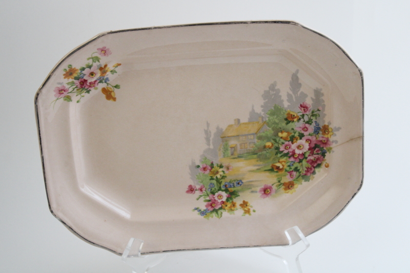 vintage TS&T cottage garden on blush pink china, shabby chic platter wall hanging plate