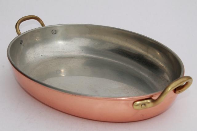vintage Tagus Portugal copper pan, oval gratin or paella pan w/ brass handles