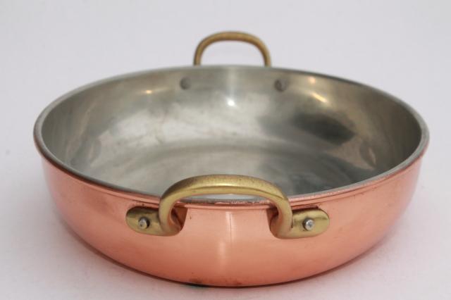 vintage Tagus Portugal copper pan, oval gratin or paella pan w/ brass handles
