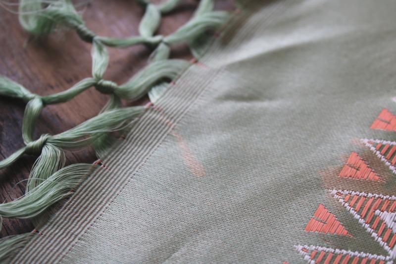 vintage Taj Mahal table cover, mint green satin tablecloth w/ long silky fringe