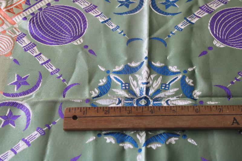 vintage Taj Mahal table cover, mint green satin tablecloth w/ long silky fringe