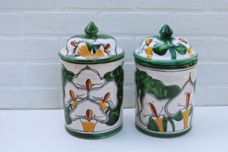vintage Talavera Mexican pottery canisters Calla lily hand painted terracotta clay jars w/ lids