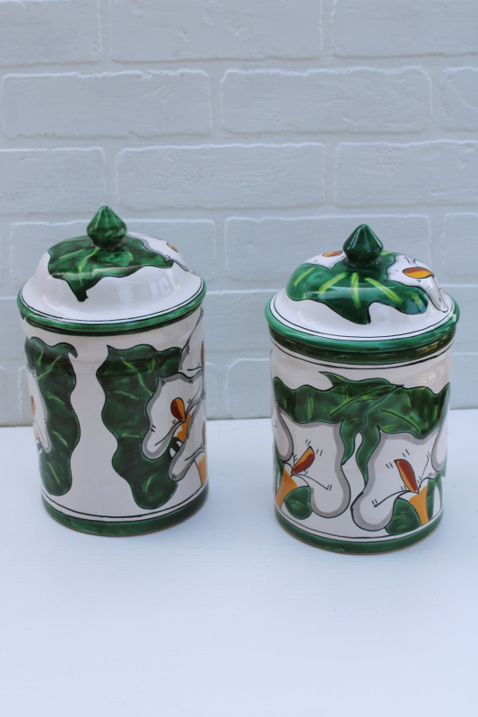 vintage Talavera Mexican pottery canisters Calla lily hand painted terracotta clay jars w/ lids