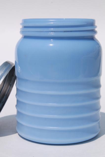 vintage Tea canister jar delphite blue milk glass, depression era kitchen glassware