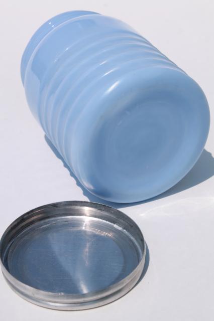vintage Tea canister jar delphite blue milk glass, depression era kitchen glassware
