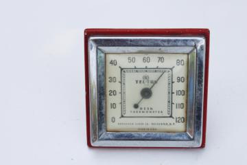 vintage Tel Tru desk thermometer, small red metal case dial type temperature gauge, mid century modern industrial