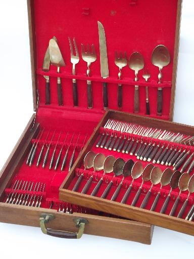 vintage Thailand brass flatware set w/ teak wood handles 102 pcs in box