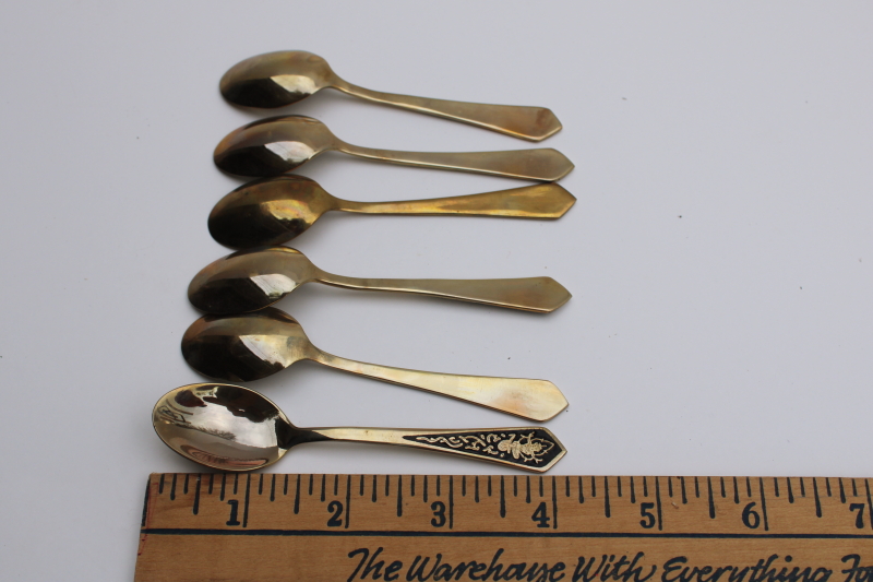 vintage Thailand tiny solid brass spoons in original box, Siam dancer design