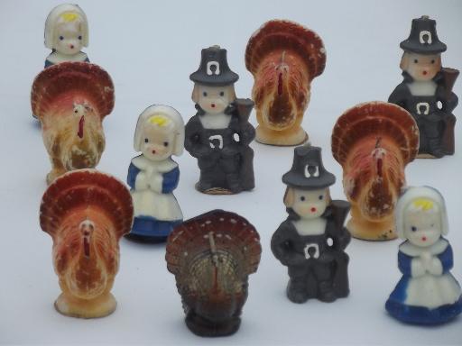 vintage Thanksgiving Gurley pilgrim candles & figural turkey candle lot