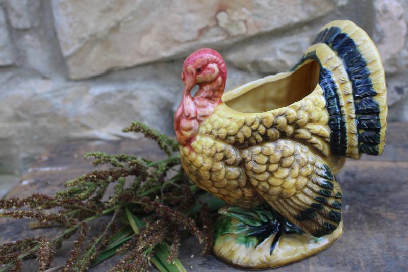 vintage Thanksgiving decor, Napco Japan tom turkey planter, hand painted ceramic
