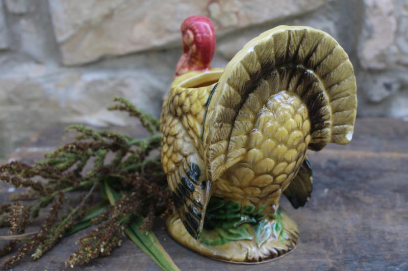 vintage Thanksgiving decor, Napco Japan tom turkey planter, hand painted ceramic