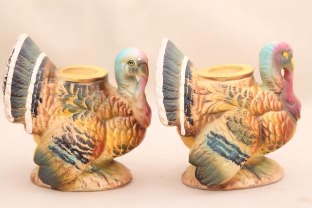 vintage Thanksgiving turkey candle holders, Napco Japan ceramic candlesticks