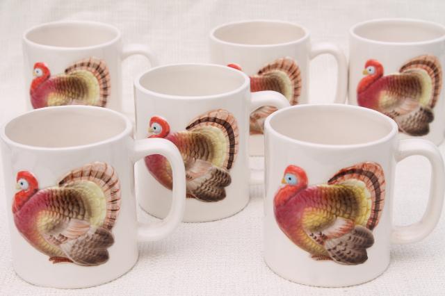 vintage Thanksgiving turkey ceramic mugs coffee cups, 80s Otagiri Japan 