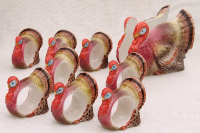 Thanksgiving Turkey Napkin Ring Holders Ceramic Lillian Vernon Set of 2 