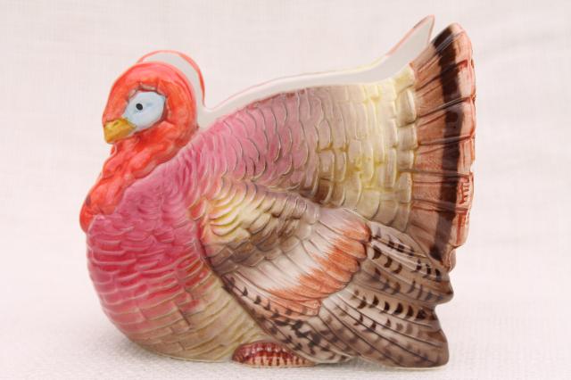 vintage Thanksgiving turkey napkin rings & napkin holder, 80s Otagiri Japan ceramic