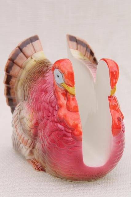 Vintage Ceramic Thanksgiving Turkey Napkin Rings Holder Splatter Ware 