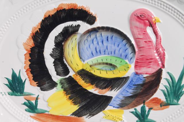 vintage Thanksgiving turkey platter, 70s 80s hand-painted ceramic tray made in Japan