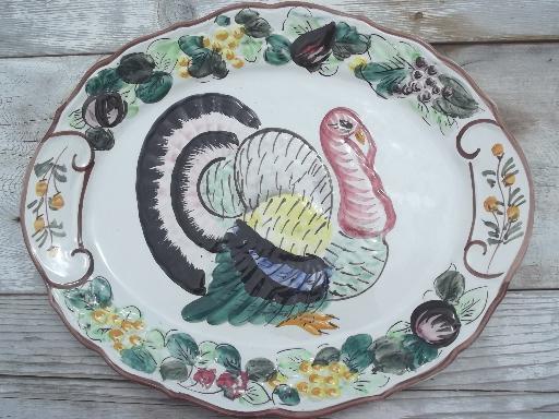 vintage Thanksgiving turkey platter, hand-painted ceramic made in Italy