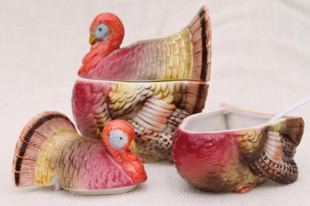 vintage Thanksgiving turkey shape covered bowl cranberry sauce dishes, 80s Otagiri Japan ceramic