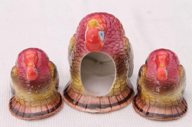 vintage Thanksgiving turkey shape cream pitcher, salt and pepper shakers, 80s Otagiri Japan ceramic