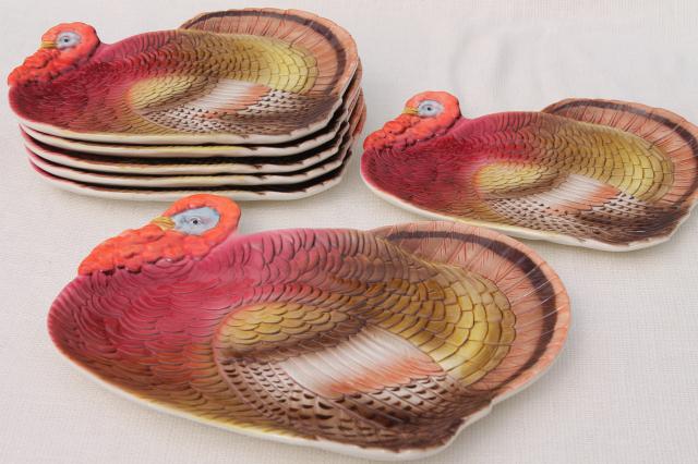 vintage Thanksgiving turkey shape platter & plates set, 80s Otagiri Japan ceramic