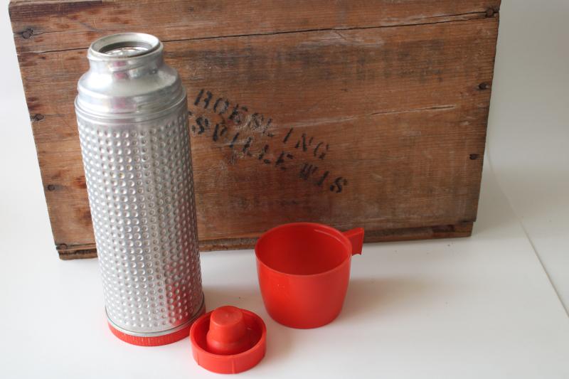 vintage Thermos bottle, textured aluminum w/ red plastic cup, retro camp style