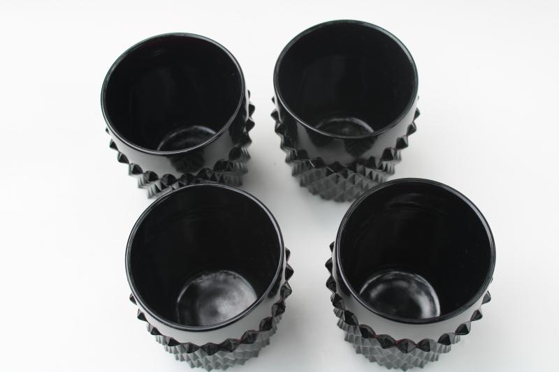 vintage Tiara / Indiana black glass diamond point old fashioned lowball glasses