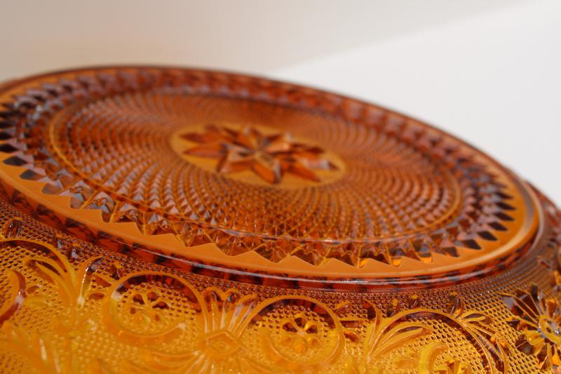 vintage Tiara amber glass, daisy pattern sandwich glass serving tray or cake plate