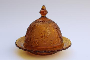 vintage Tiara amber glass sandwich daisy pattern round covered butter dish, plate w/ dome