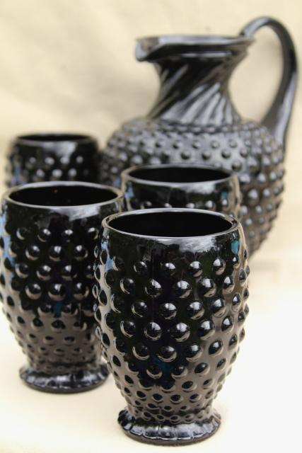 vintage Tiara black hobnail milk glass pitcher & tumbler glasses lemonade set