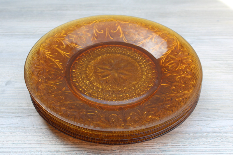 vintage Tiara sandwich daisy pattern amber glass, set of four dinner plates