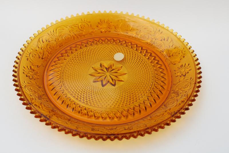 vintage Tiara sandwich pattern amber glass large round serving tray / torte cake plate