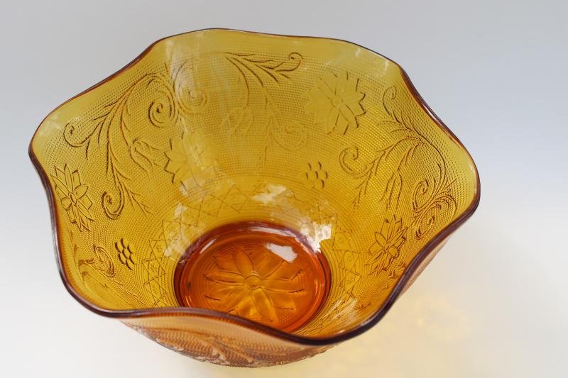 vintage Tiara sandwich pattern amber glass, large salad bowl crimped shape