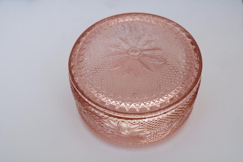 vintage Tiara sandwich pattern glass round puff or trinket box, blush pink glass