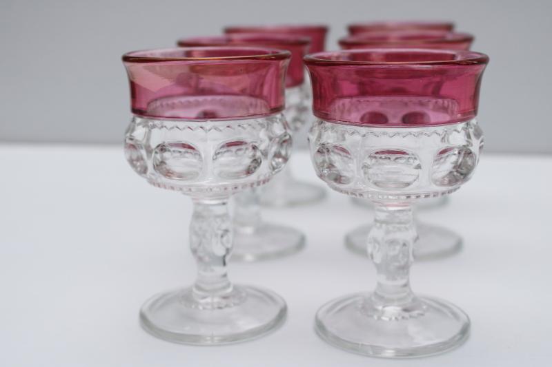 vintage Tiffin Kings Crown pattern cordial glasses, wine or cocktail glasses w/ cranberry stain color band