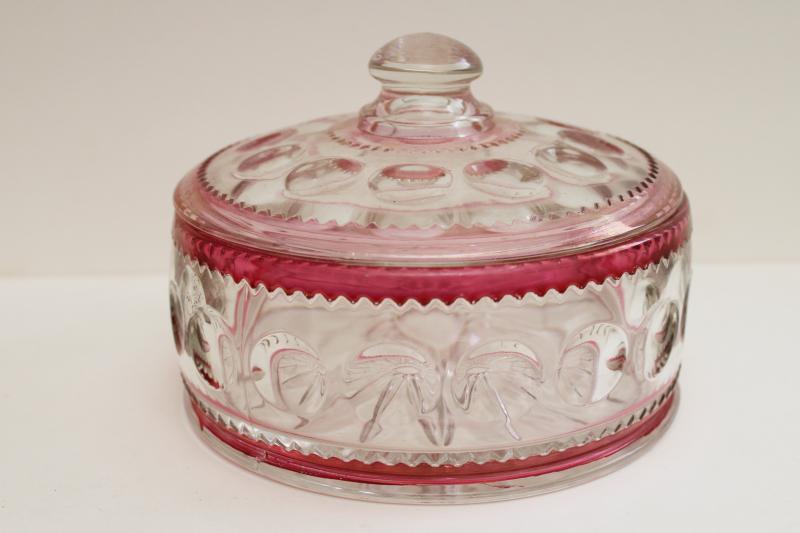 vintage Tiffin Kings Crown thumbprint ruby stain band candy dish, round covered box