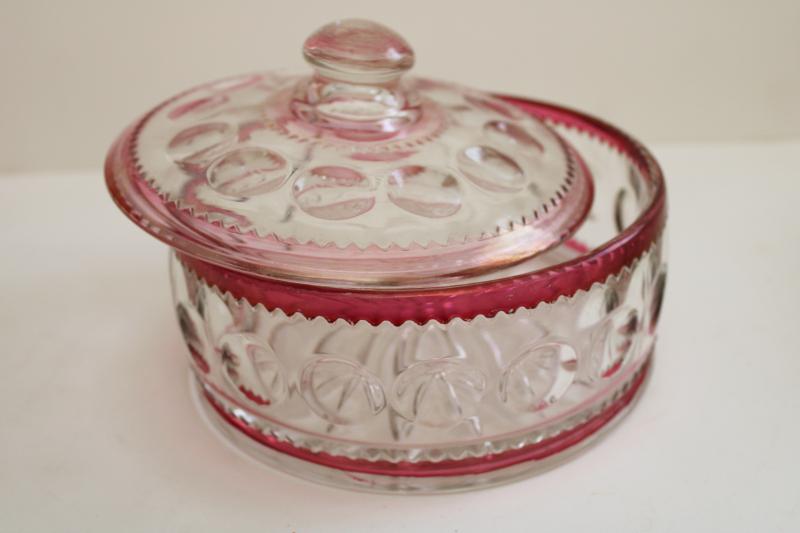 vintage Tiffin Kings Crown thumbprint ruby stain band candy dish, round covered box