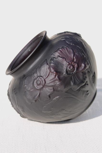 vintage Tiffin black amethyst art glass vase, frosted satin puffy glass poppies floral