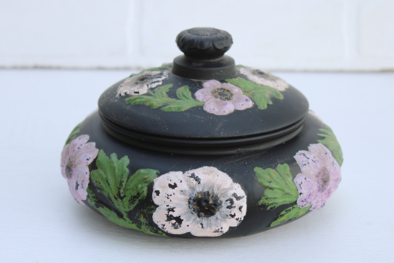vintage Tiffin poppy black satin glass jar, rare lavender hand painted poppies, art deco covered bowl